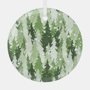 Pine Trees Snow: Watercolor Christmas. Glass Tree Decoration