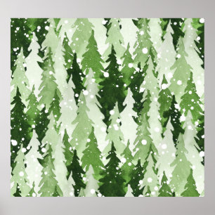 Pine Trees Snow: Watercolor Christmas. Poster
