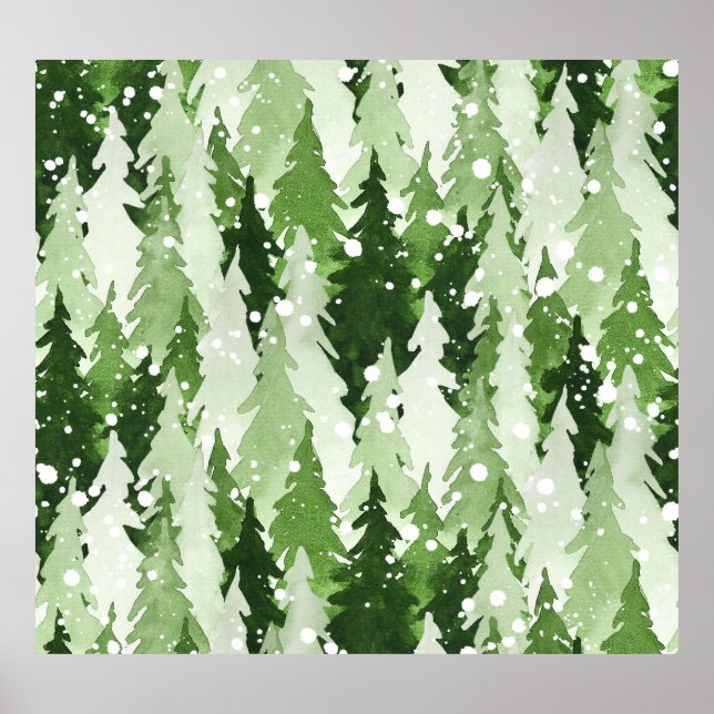 Pine Trees Snow: Watercolor Christmas. Poster (Front)
