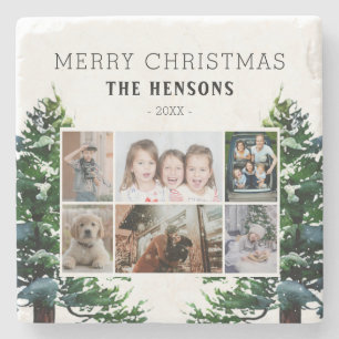 Pine Trees Snow Watercolor Family 6 Photo Collage Stone Coaster