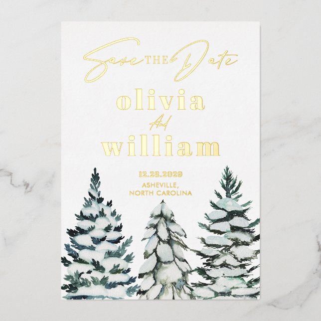 Pine Trees Snow Winter Christmas Save The Date (Front)