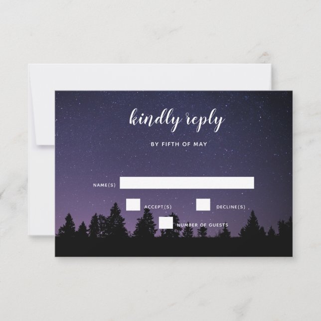 pine trees snowfall winter wedding RSVP card (Front)