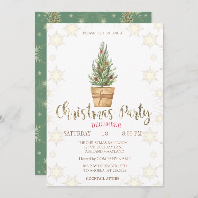 Pine Trees Snowflakes Christmas Party Invitation (Front/Back)