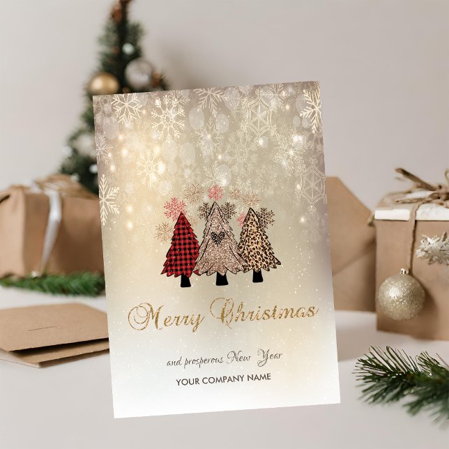 Pine Trees, Snowflakes Gold Holiday Card (Creator Uploaded)