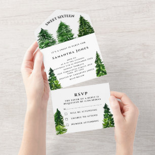 Pine Trees Sweet 16 Pretty Green Girly Winter  All In One Invitation