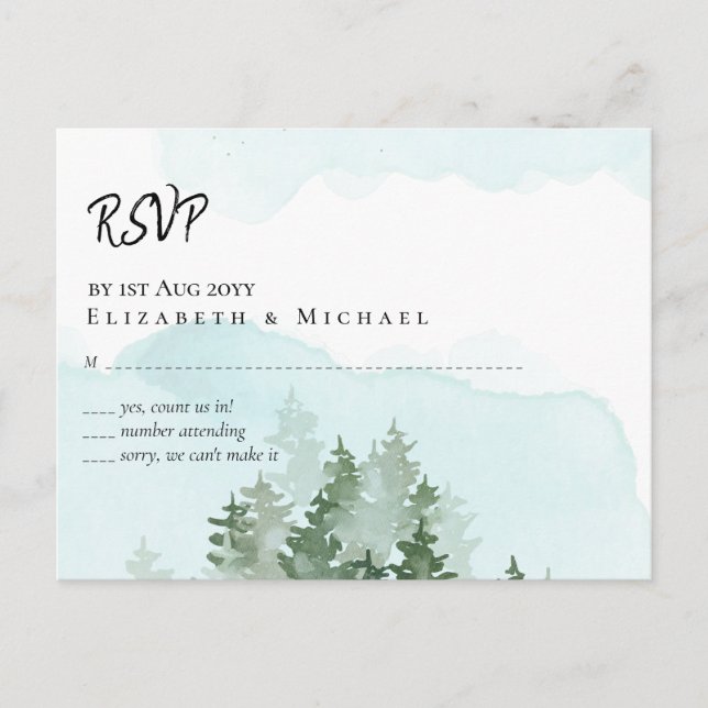 Pine Trees Teal and Sage Wedding Postcard (Front)