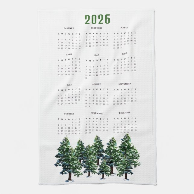 Pine Trees Watercolor Painting Calendar 2026 Tea Towel (Vertical)