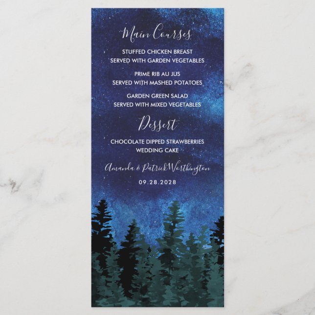 Pine Trees Watercolor Rustic Wedding Menu Cards (Front)