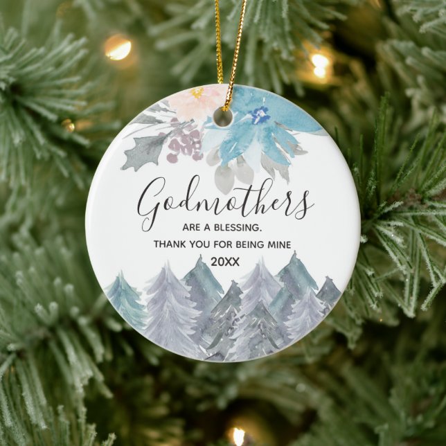 Pine Trees Winter Godmothers Blue Ceramic Ornament (Tree)