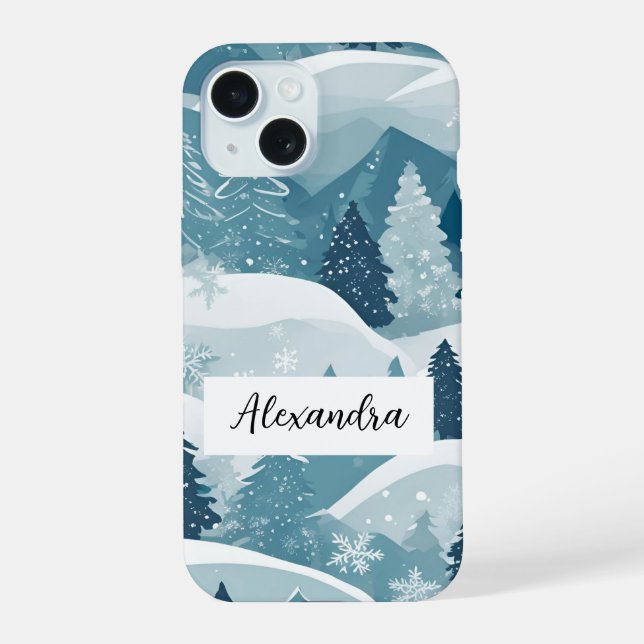 Pine Trees with Snow Layers Design Winter Forest iPhone 15 Case (Back)