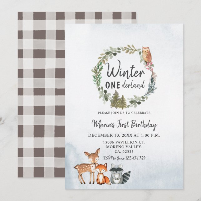 Pine Trees Woodland Winter Onederland Birthday Invitation (Front/Back)