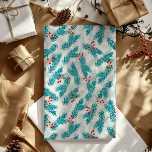 Pine Twigs and Red Berries Christmas Pattern White Wrapping Paper