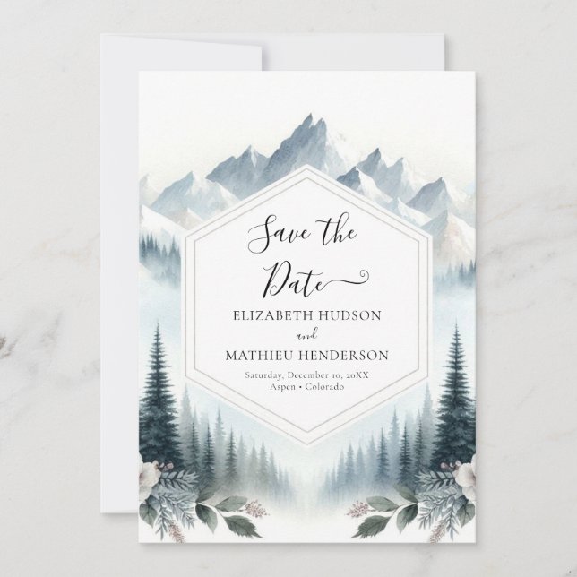 Pine Typography Mountain Wedding Save The Date (Front)
