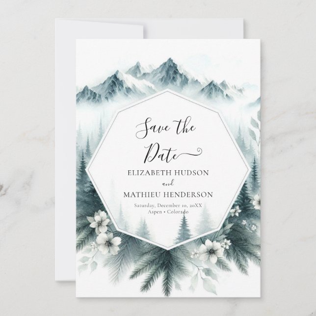 Pine Whimsical Mountain Wedding Save The Date (Front)