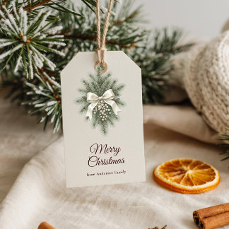 Pine White Bow Elegant Merry Christmas Pearls Gift Tags