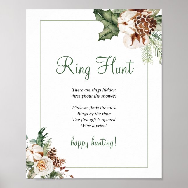 Pine Winter Bridal Shower Game Ring Hunt Sign (Front)
