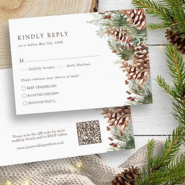Pine Winter RSVP Card (White Watercolor Evergreen Pine Winter RSVP Card QR Code by Painted Paperie
)