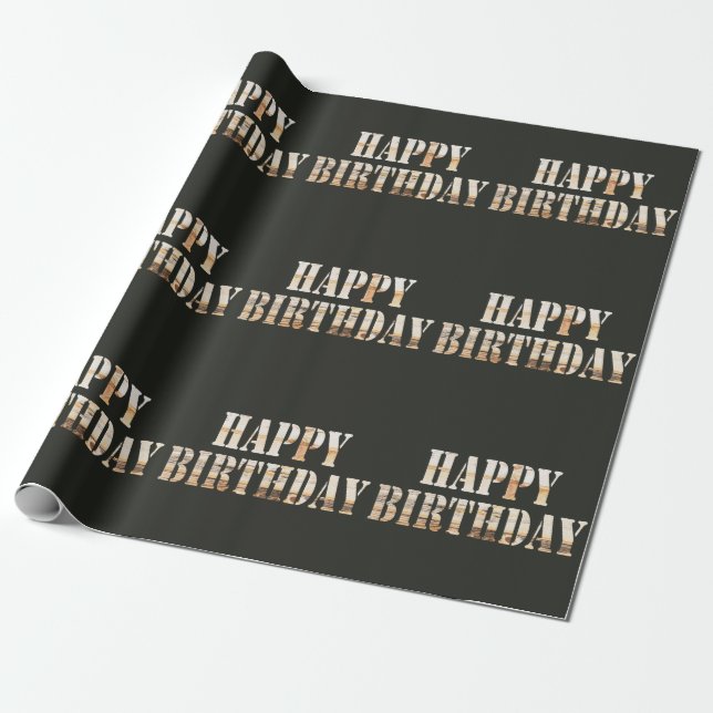 Pine Wood Font Happy Birthday Wrapping Paper (Unrolled)