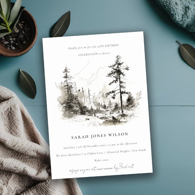 Pine Woods Mountain Landscape Sketch Birthday Invitation (Creator Uploaded)