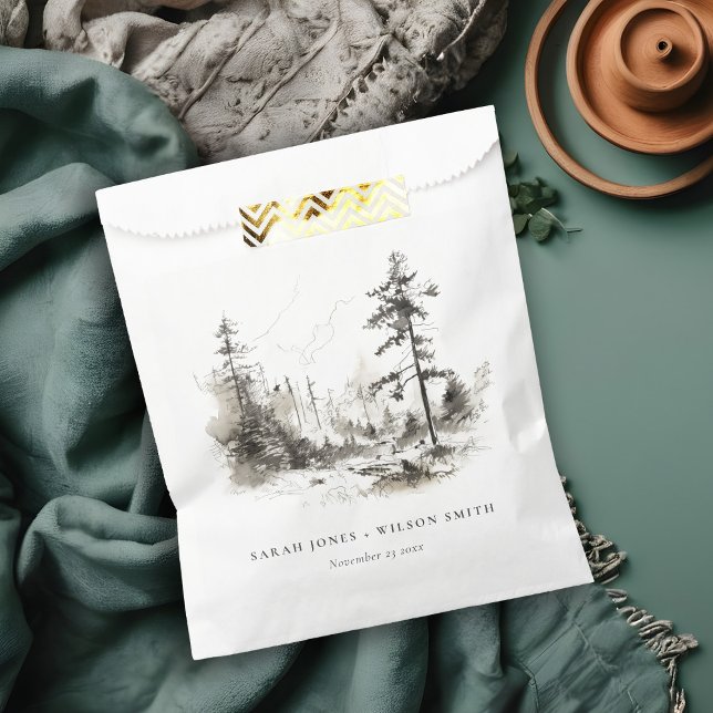 Pine Woods Mountain Landscape Sketch Wedding Favour Bag (Creator Uploaded)