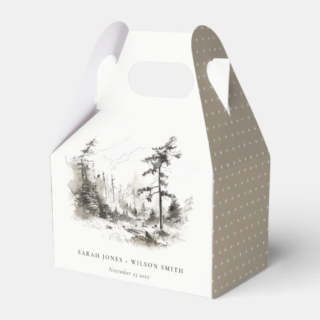 Pine Woods Mountain Landscape Sketch Wedding Favour Box (Front Side)