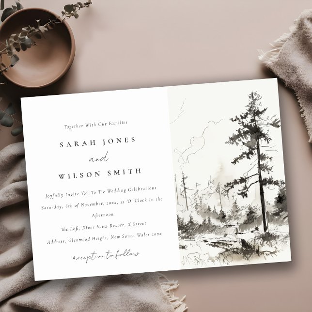 Pine Woods Mountain Landscape Sketch Wedding Invitation (Creator Uploaded)