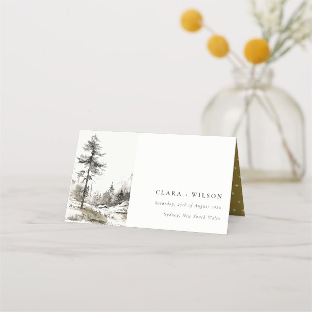 Pine Woods Mountain Landscape Sketch Wedding Place Card (Front)