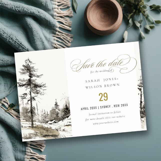 Pine Woods Mountain Landscape Sketch Wedding Save The Date (Creator Uploaded)