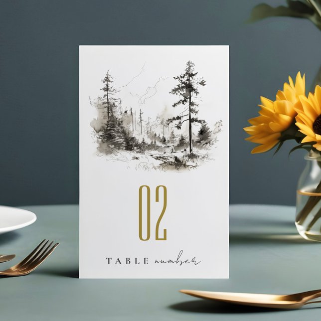 Pine Woods Mountain Landscape Sketch Wedding Table Number (Creator Uploaded)