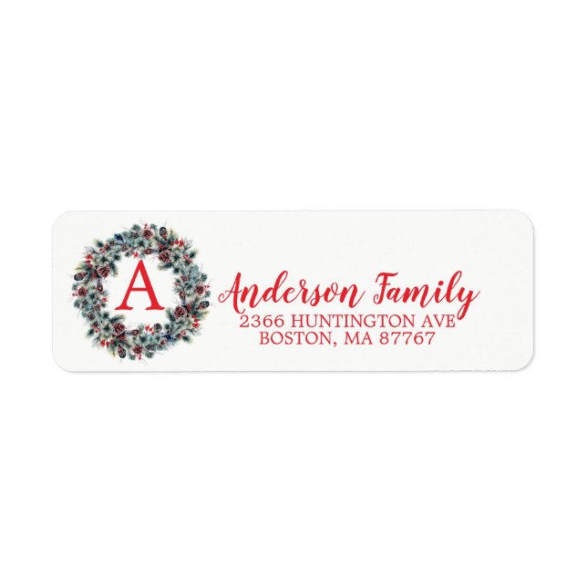 Pine Wreath Christmas Monogram Address Label Return Address Label (Front)