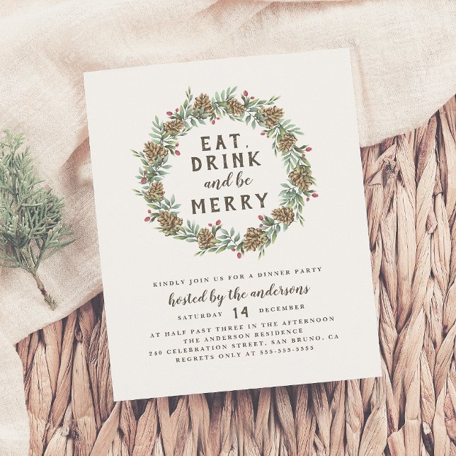 Pine Wreath Eat, Drink & Be Merry Christmas Party Invitation Postcard (Creator Uploaded)