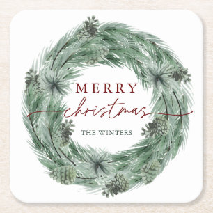 Pine Wreath Green & Red Merry Christmas Holiday Square Paper Coaster