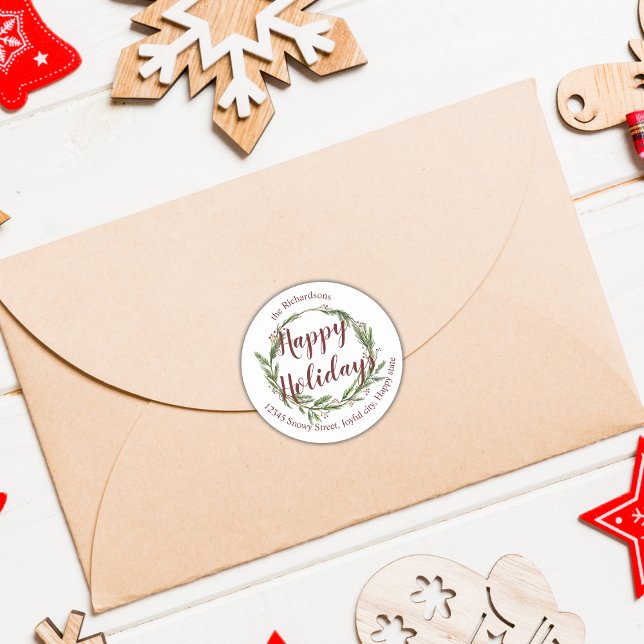 Pine Wreath Happy Holidays Return Address Label (Creator Uploaded)