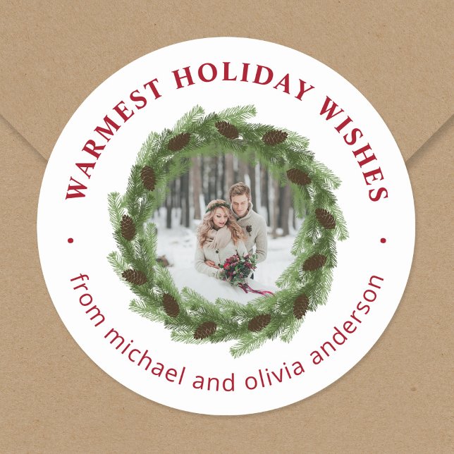 Pine Wreath Merry Christmas Circle Photo Classic Round Sticker (Creator Uploaded)