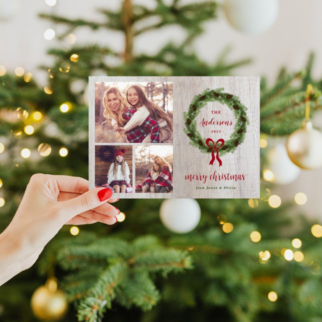 Pine Wreath Merry Christmas Magnetic Photo Card (Creator Uploaded)
