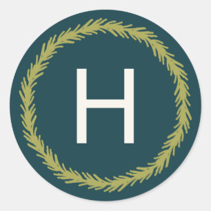 Pine Wreath Monogram Classic Round Sticker