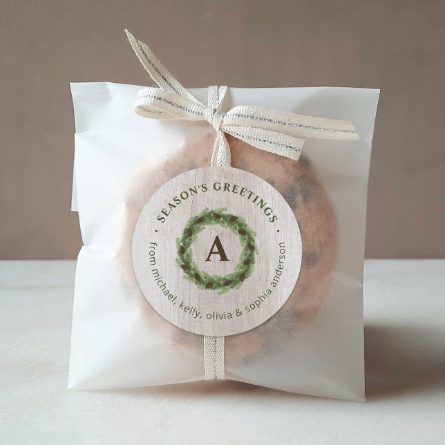 Pine Wreath Monogram Merry Christmas Classic Round Sticker (Creator Uploaded)