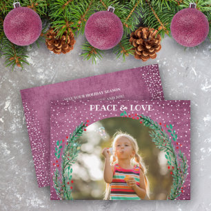 Pine Wreath on Plum Christmas Photo Holiday Card