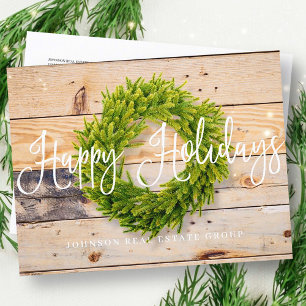 Pine Wreath on Wood   Happy Holidays Greetings Holiday Postcard