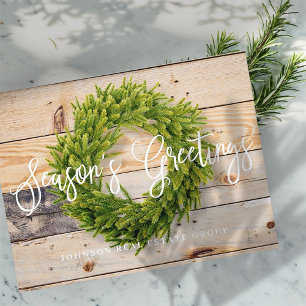 Pine Wreath on Wood Season's Greetings Holiday Postcard