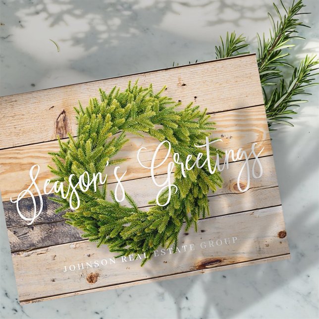 Pine Wreath on Wood | Season's Greetings Holiday Postcard (Creator Uploaded)