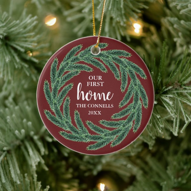 Pine Wreath Red Green Personalised Our First Home Ceramic Ornament (Tree)