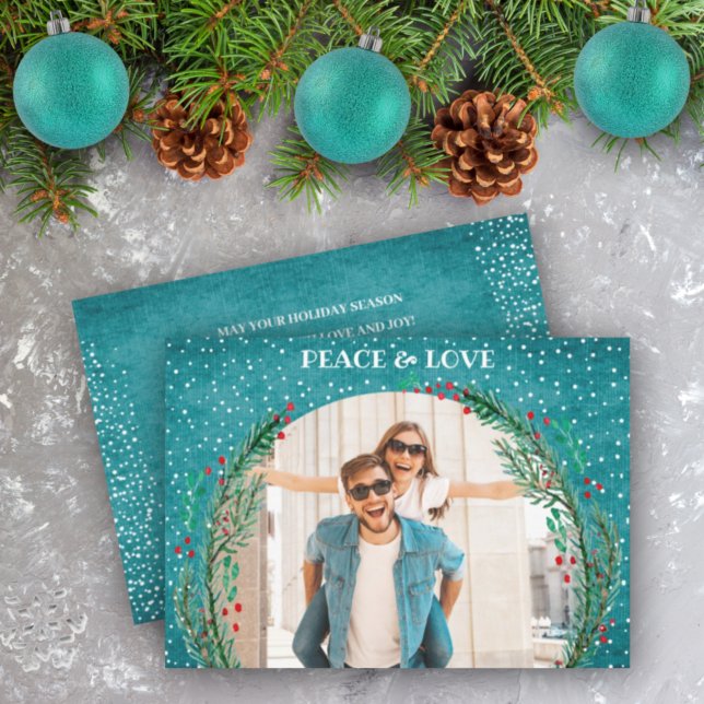 Pine Wreath Turquoise Christmas Photo Holiday Card (Creator Uploaded)