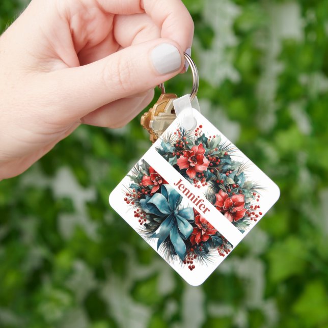 Pine Wreath with Holly Christmas Key Ring (Hand)