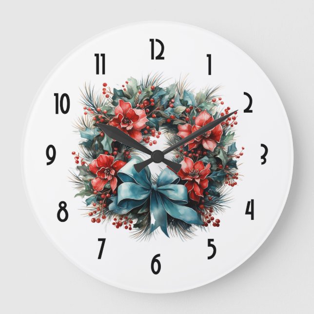 Pine Wreath with Holly Christmas Large Clock (Front)