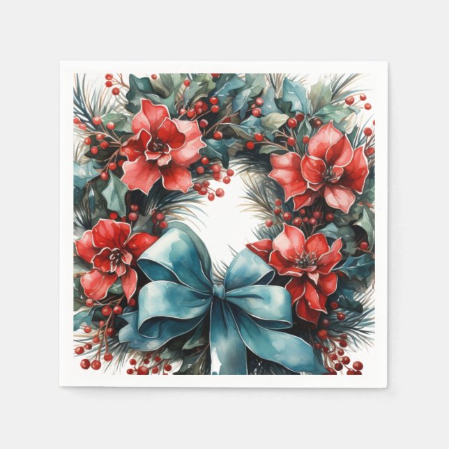 Pine Wreath with Holly Christmas Napkin (Front)