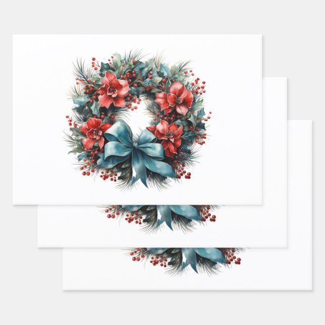 Pine Wreath with Holly Christmas Wrapping Paper Sheet (Set)