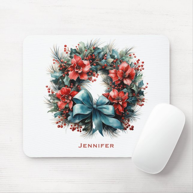 Pine Wreath with Holly Festive Christmas Mouse Pad (With Mouse)