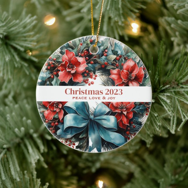 Pine Wreath with Red Flowers and Holly Ceramic Ornament (Tree)