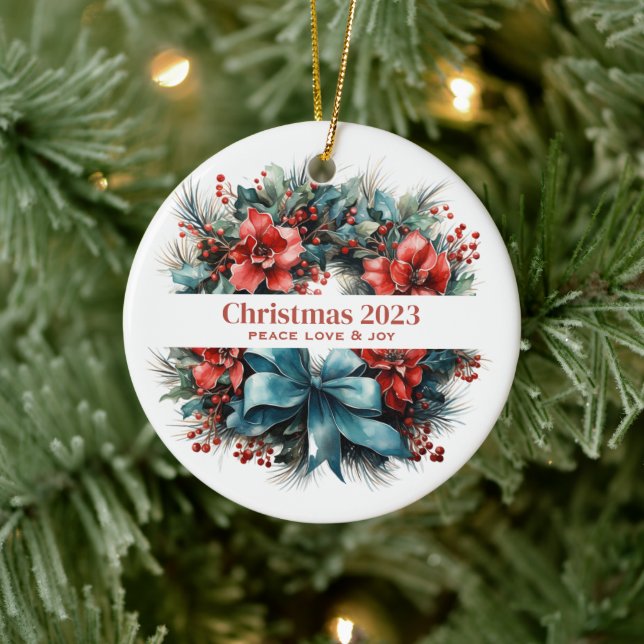 Pine Wreath with Red Flowers and Holly Ceramic Ornament (Tree)
